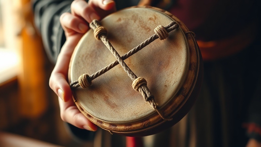 Tibetan damaru drum held in one hand showing hourglass shape and cord beaters