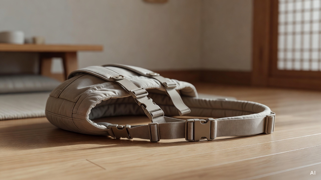 baby carrier product close-up showing buckles and strap details on a light wooden floor