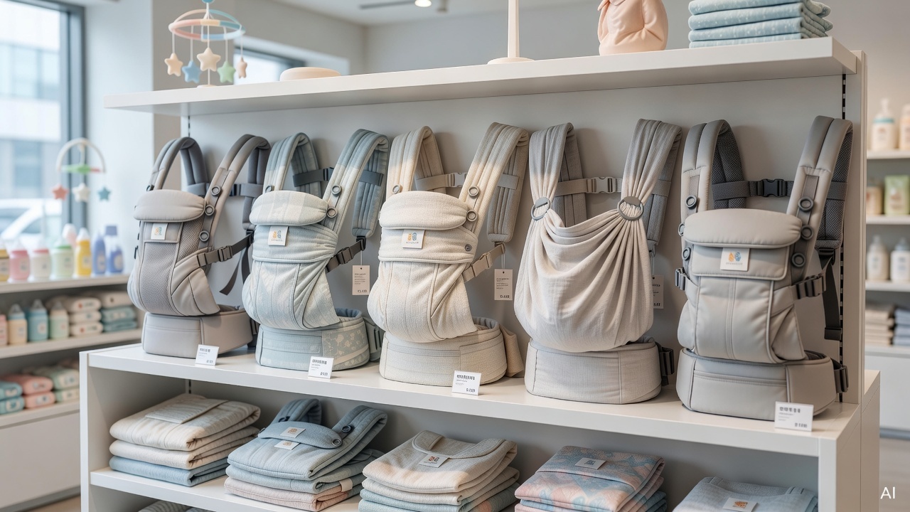 various baby carrier types displayed on a white shelf in a baby product store