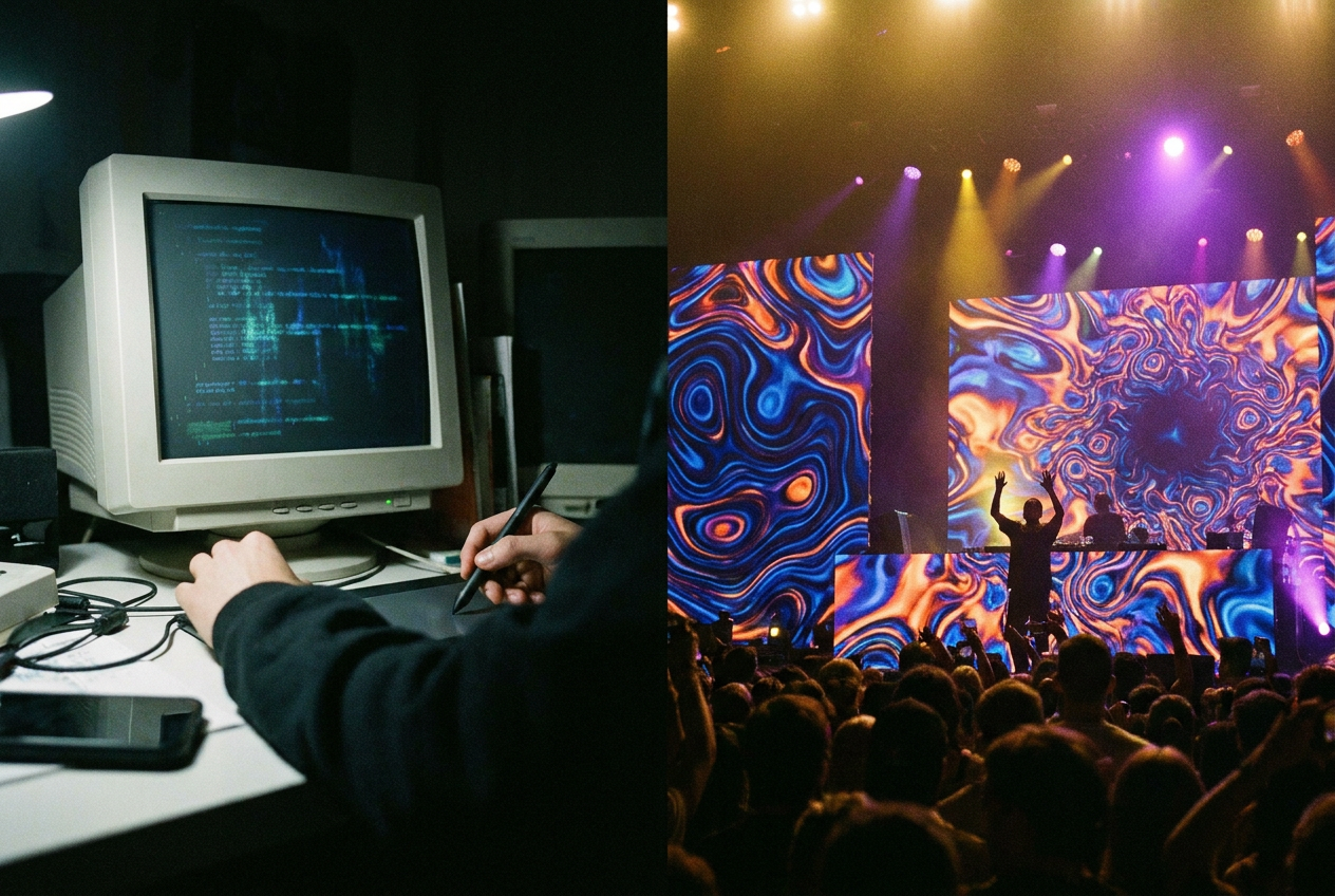 alt text: A split view showing a dark empty screen labeled "Sora - Discontinued" on the left, and a vibrant concert stage with dynamic AI-generated visuals pulsing on LED walls on the right, with a musician performing center stage