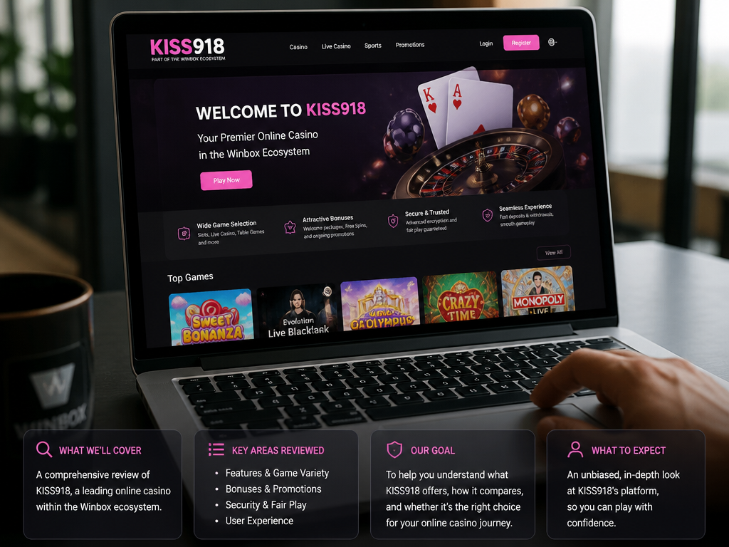 Photo-realistic image illustrating the topic of the article section "kiss918 Winbox Online Casino: An Overview" (about the online casino brand "kiss918"): Introduce kiss918 as a leading online casino within the Winbox ecosystem. Outline the review scope: features, bonuses, security, and user experience. Set expectations for the reader.
