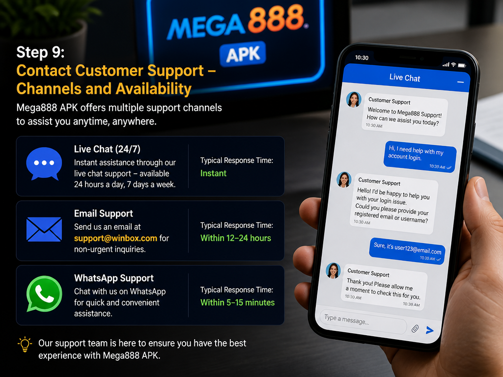 Photo-realistic image illustrating the topic of the article section "Step 9: Contact Customer Support – Channels and Availability" (about the online casino brand "mega888 apk"): List support channels: live chat (24/7), email (support@winbox.com), and WhatsApp. Mention typical response times. Covers the gap on customer support.