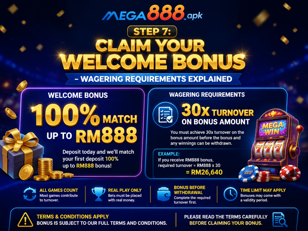 Image illustrating a casino bonus or promotion for the brand "mega888 apk", for an article section titled "Step 7: Claim Your Welcome Bonus – Wagering Requirements Explained": Describe the welcome bonus (e.g., 100% match up to RM888). Detail wagering requirements (e.g., 30x turnover on bonus amount). Mention that terms apply and users should read them. Covers the gap on wagering requirements.