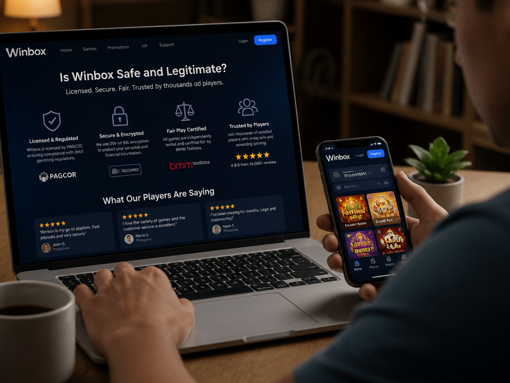 Photo-realistic image illustrating the topic of the article section "Is Winbox Safe and Legitimate? A Look at Security and Licensing" (about the online casino brand "game dapat duit"): Address the safety and legitimacy of Winbox as a 'game dapat duit' platform. Key points: licensing (e.g., PAGCOR), data encryption, fair play certifications, and user testimonials. Reassure readers about trustworthiness. Covers the security/trust gap.