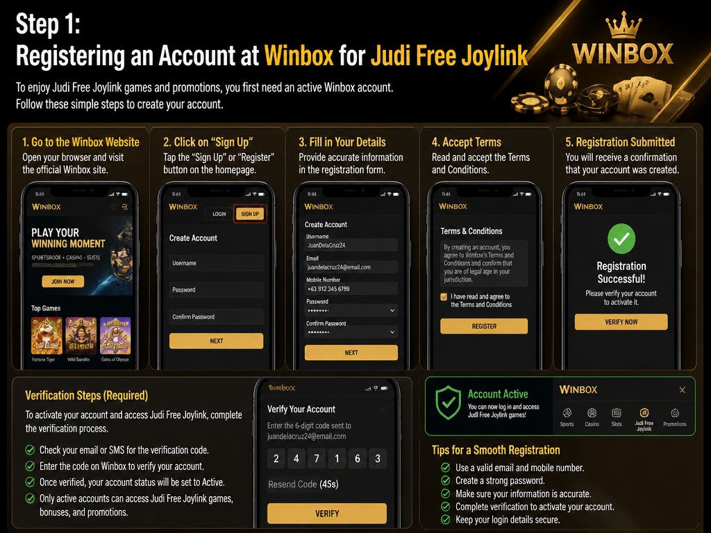 Photo-realistic image illustrating the topic of the article section "Step 1: Registering an Account at Winbox for Judi Free Joylink" (about the online casino brand "judi free joylink"): Guide user through creating a Winbox account. Include required details, verification steps, and tips for a smooth registration. Cover the fact that account must be active to access Judi Free Joylink.