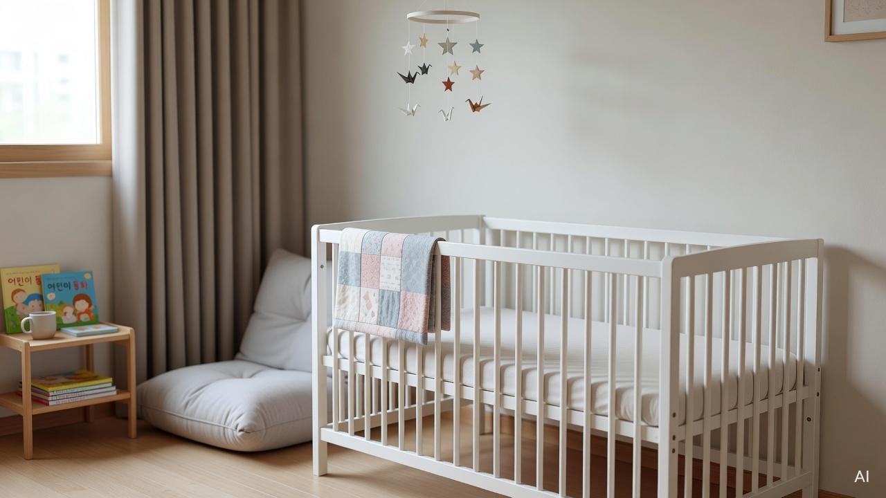cozy baby nursery room with soft lighting, a white crib and blackout curtains near a window