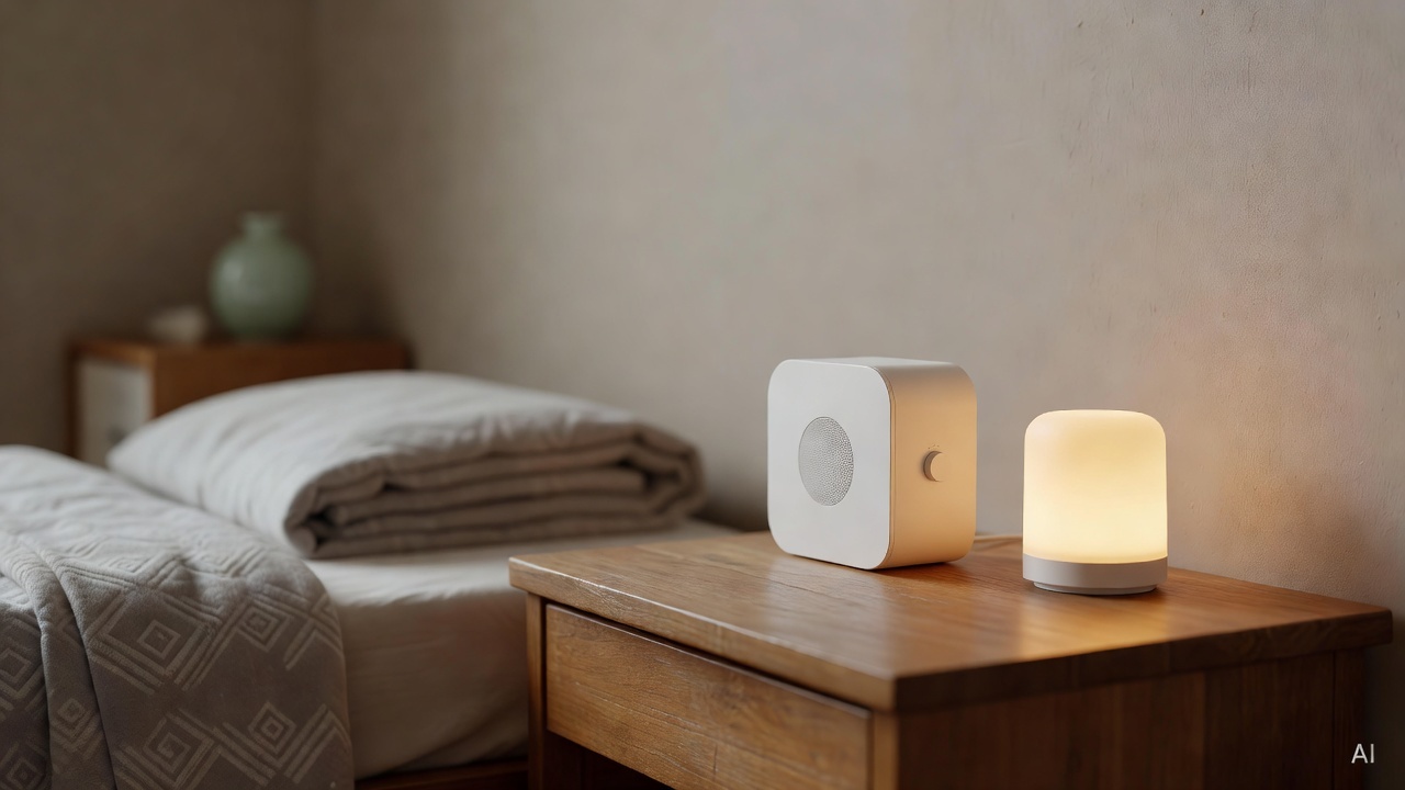 white noise machine and dim nightlight placed on a wooden bedside table in a quiet room