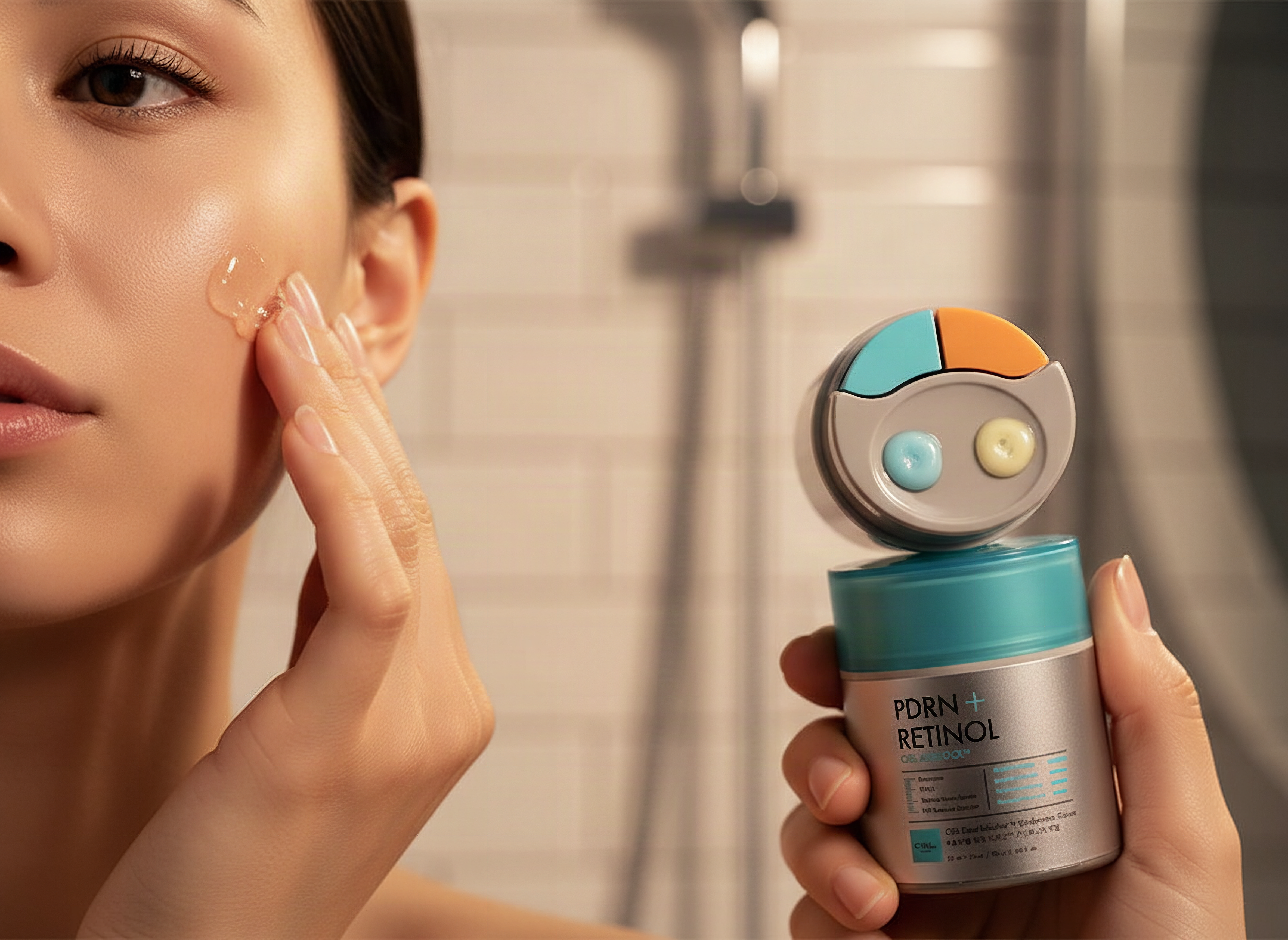 Korean Clinical PDRN Firming Serum Review, Can Salmon DNA Actually Firm Aging Skin?: A woman applying a jelly-textured K