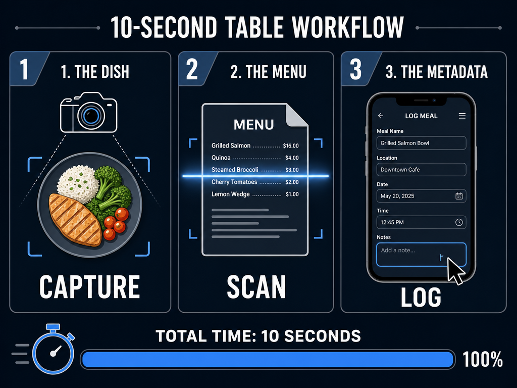 Infographic showing a 3-step travel food journaling workflow: capturing the dish, scanning the menu for OCR data, and logging metadata in ten seconds.