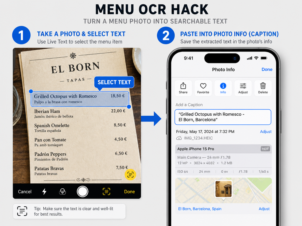 Step-by-step guide showing how to use OCR technology to copy menu descriptions directly into a smartphone photo's caption field for better search.