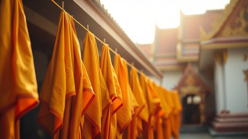 Rangée de robes safran de moines bouddhistes séchant devant un temple thaïlandais traditionnel