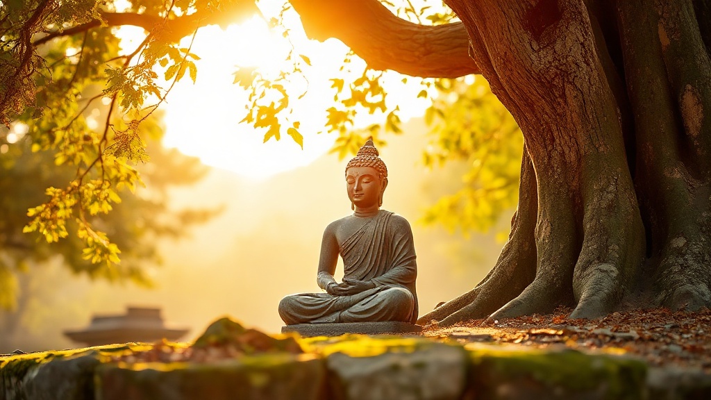 Sculpture ancienne représentant Siddhārtha Gautama en méditation sous l'arbre de la Bodhi, Inde