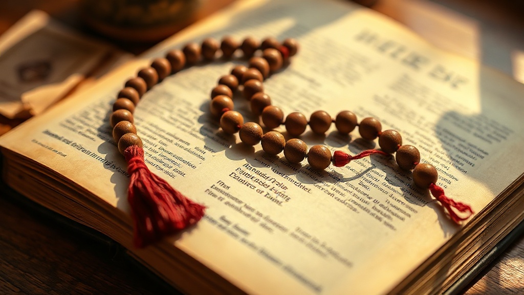 Mala tibétain en bois de 108 perles posé sur un livre de prières aux caractères tibétains