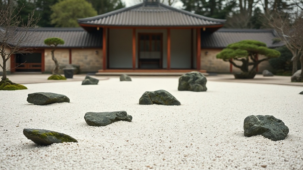 Jardin zen d'un temple bouddhiste en France avec gravier ratissé et pierres mousseuses