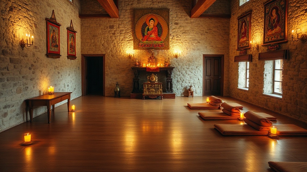 Salle de méditation d'un centre bouddhiste tibétain en France, avec lampes à beurre et thangkas