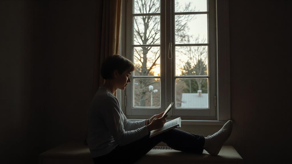 Personne assise seule près d'une fenêtre, dans la lumière du matin, avec un journal ouvert.