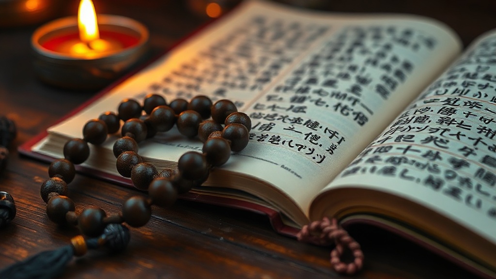 Mala tibétain et texte de prière posés sur une table de méditation à la bougie