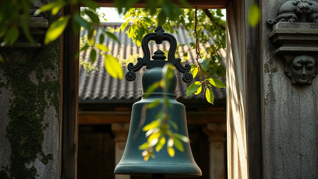 Cloche de temple bouddhiste suspendue à une porte de monastère couverte de mousse