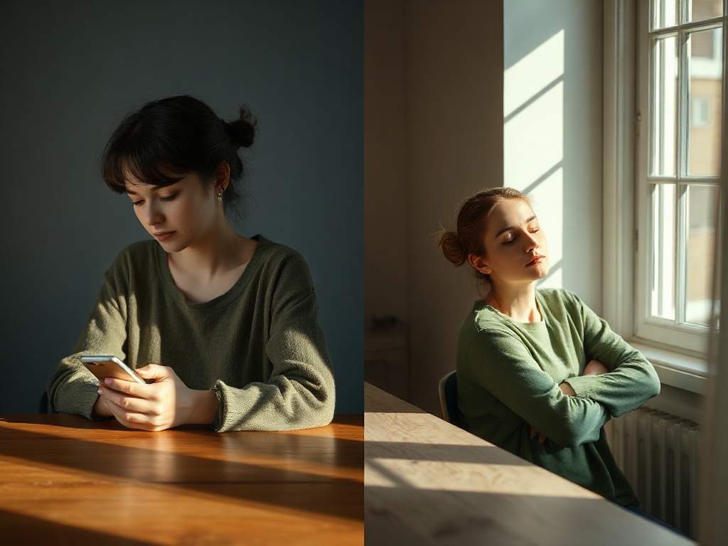 Deux scènes : personne au téléphone d'un côté, assise les yeux fermés de l'autre