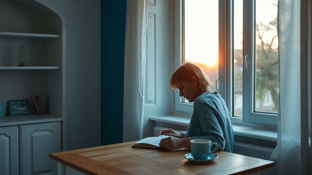 Personne assise près d'une fenêtre avec journal ouvert et tasse, en moment de réflexion