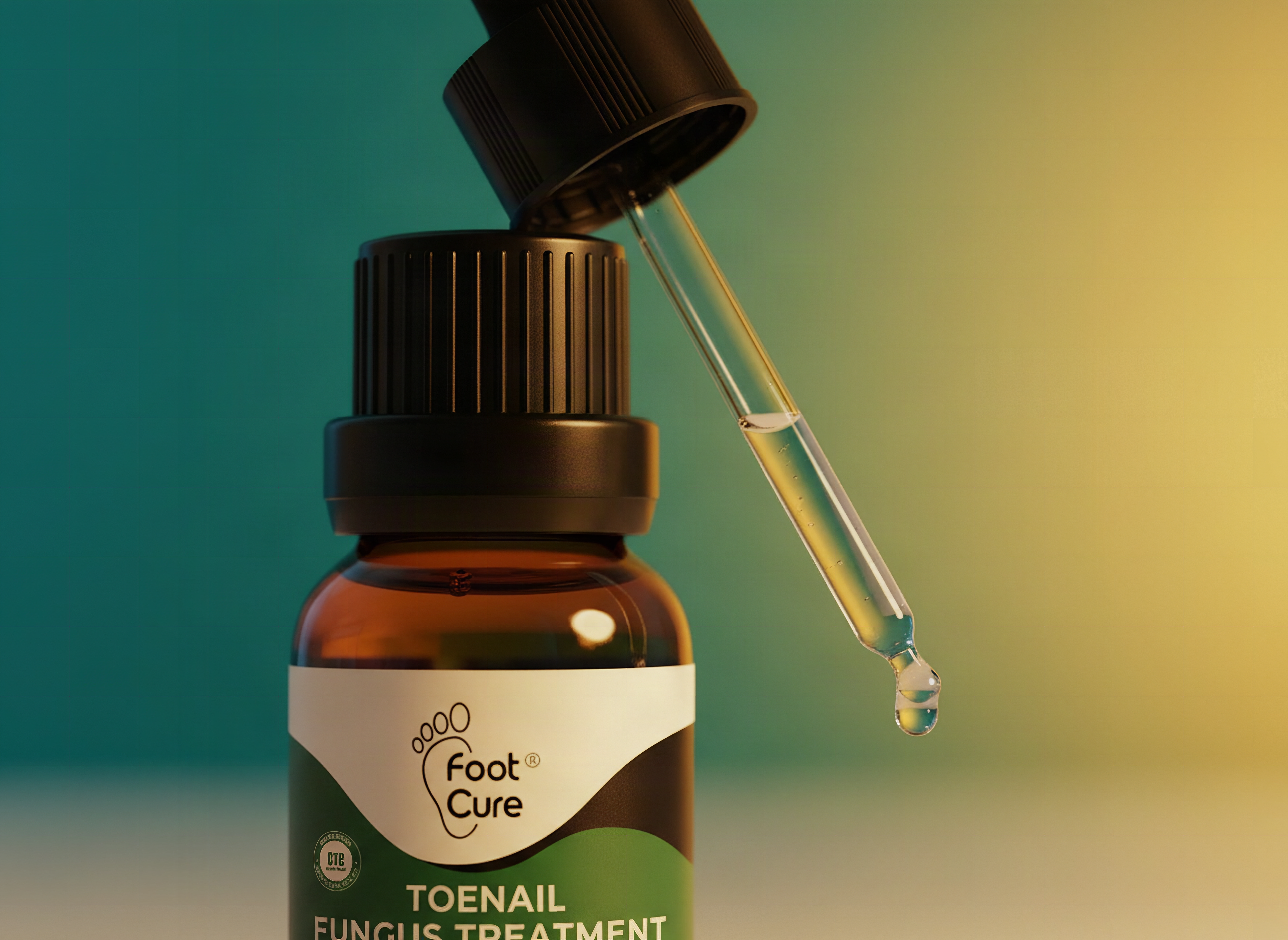 Foot Cure toenail treatment bottle nozzle with golden liquid formula in macro close-up detail