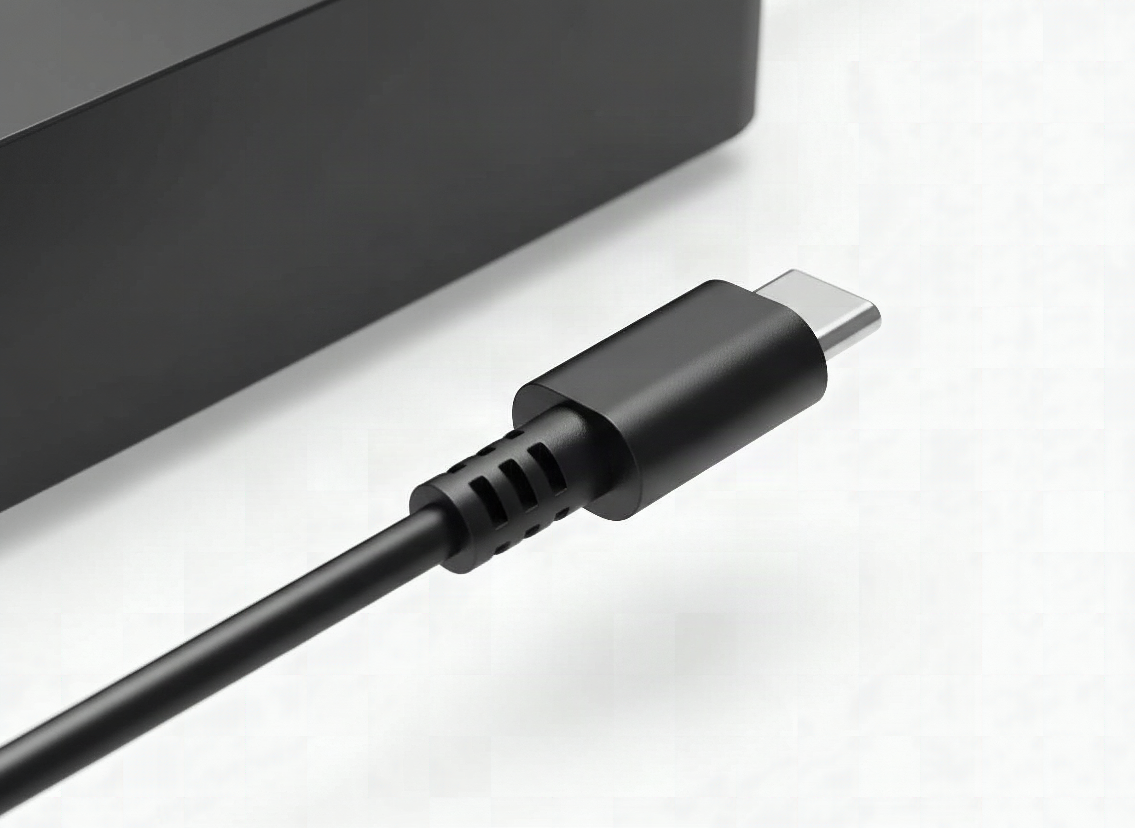Macro close-up of Superer 65W USB-C charger connector showing metal pins and cable detail