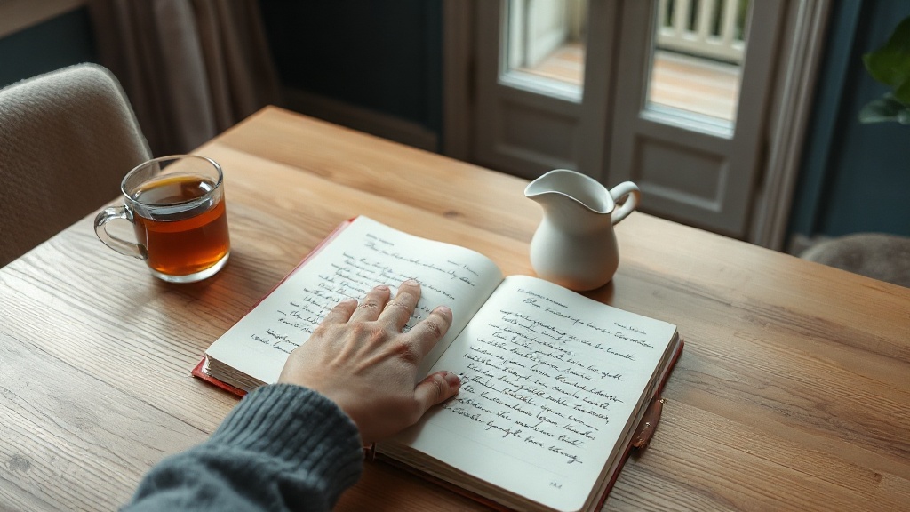 Table en bois avec carnet ouvert, écriture manuscrite, tasse de thé, fenêtre en arrière-plan