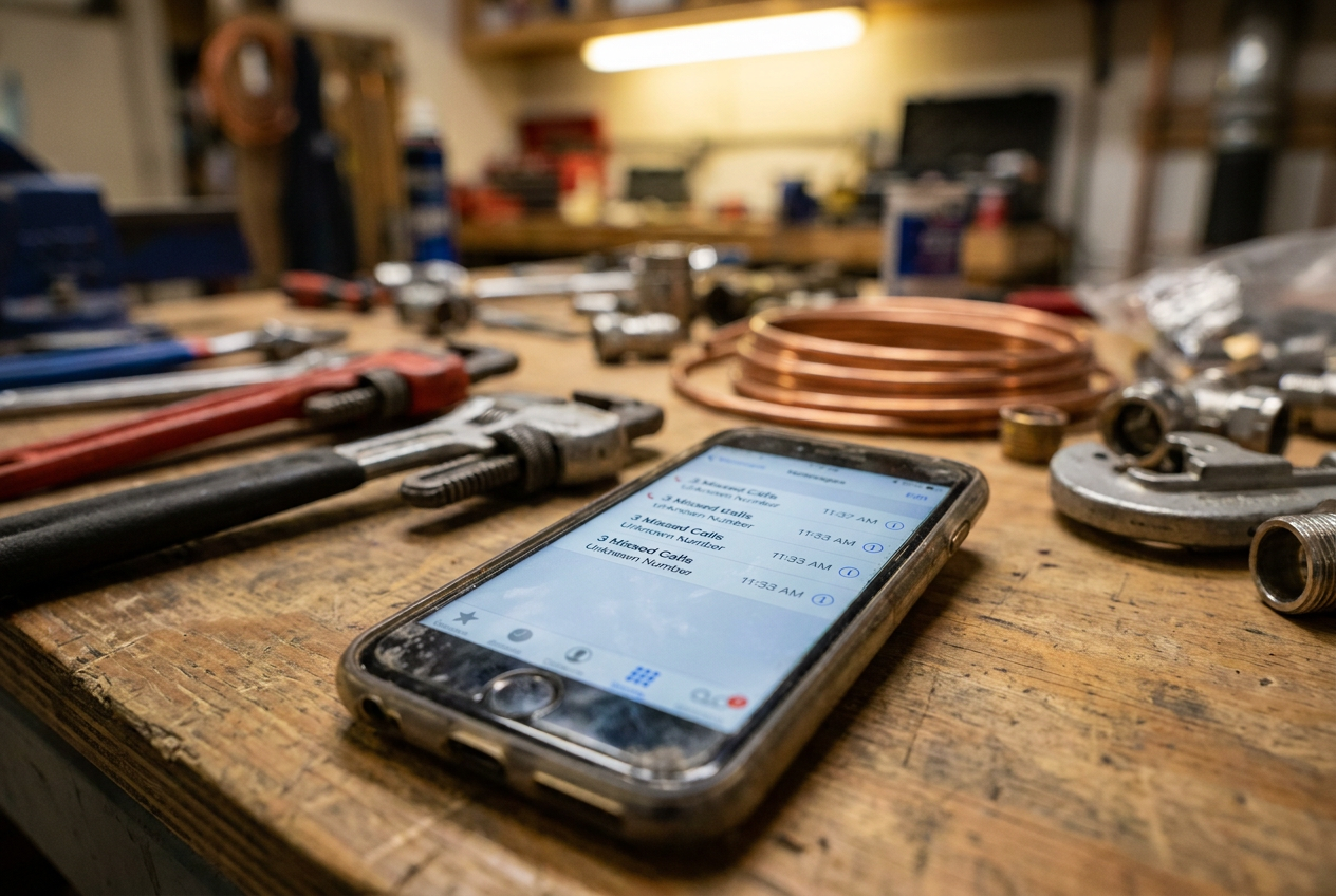 Smartphone op een werkbank met meerdere gemiste oproepen van onbekende nummers tussen loodgietersgereedschap