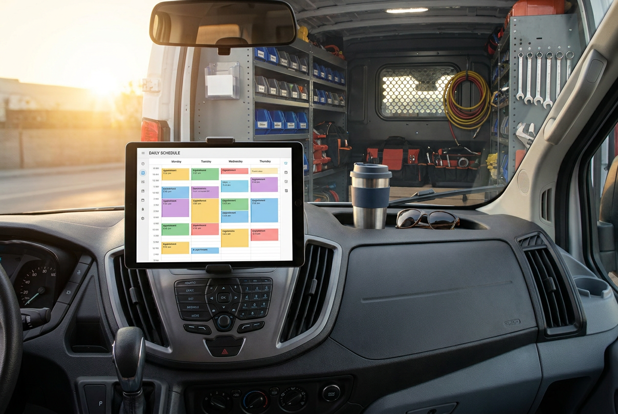 Overzichtelijk gevulde dagplanning op een tablet in een opgeruimde bestelbus van een loodgieter