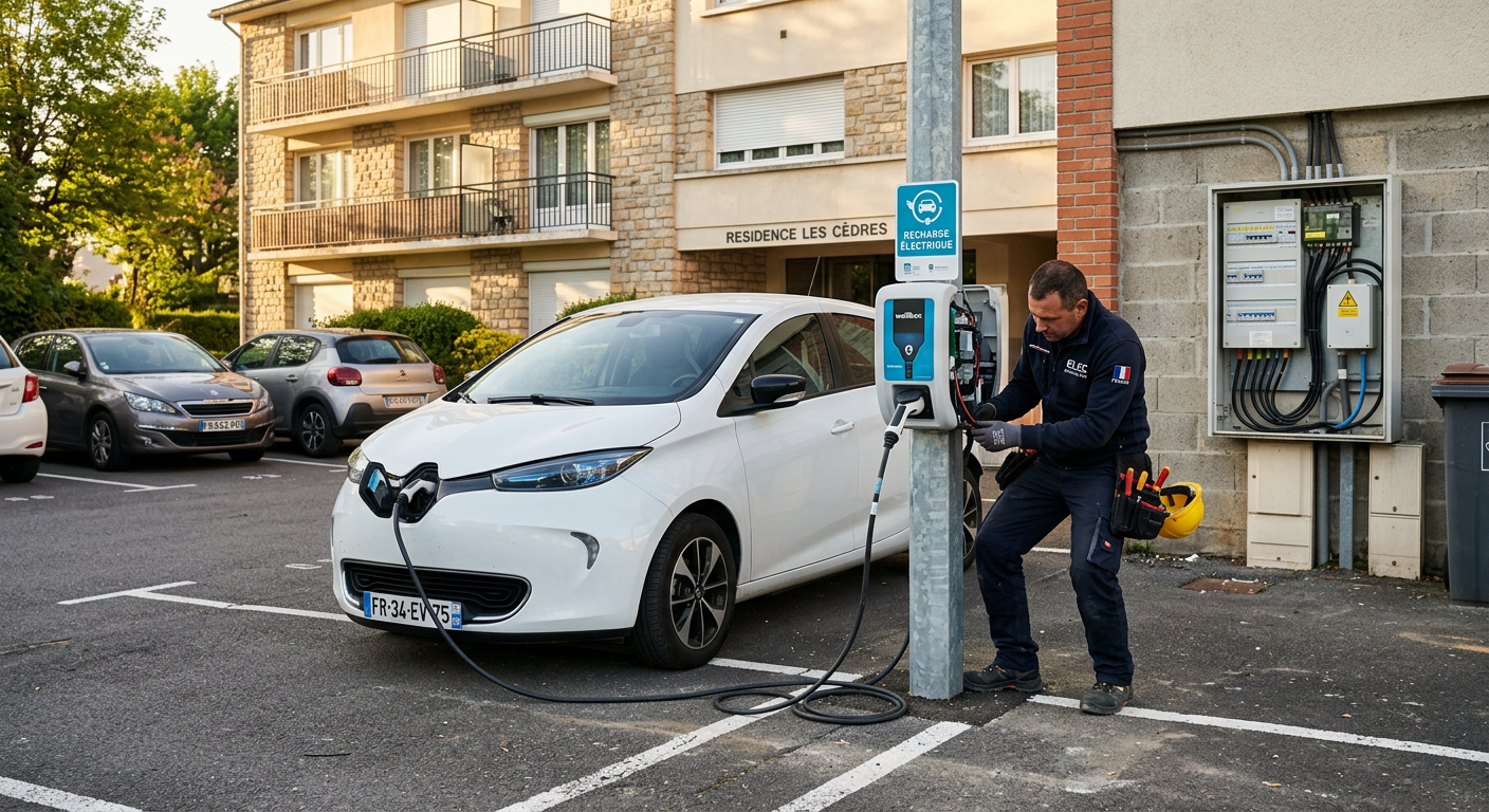 Installateur posant une borne de recharge électrique IRVE dans un parking de copropriété avec voiture en charge au coucher du soleil
