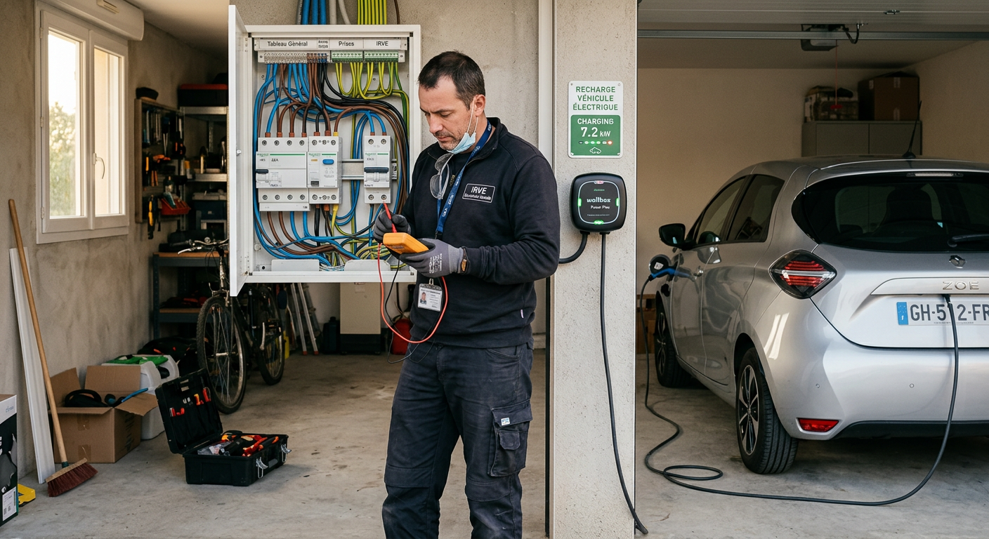 Voiture électrique en recharge sur une borne de recharge électrique domestique avec un installateur vérifiant le tableau électrique
