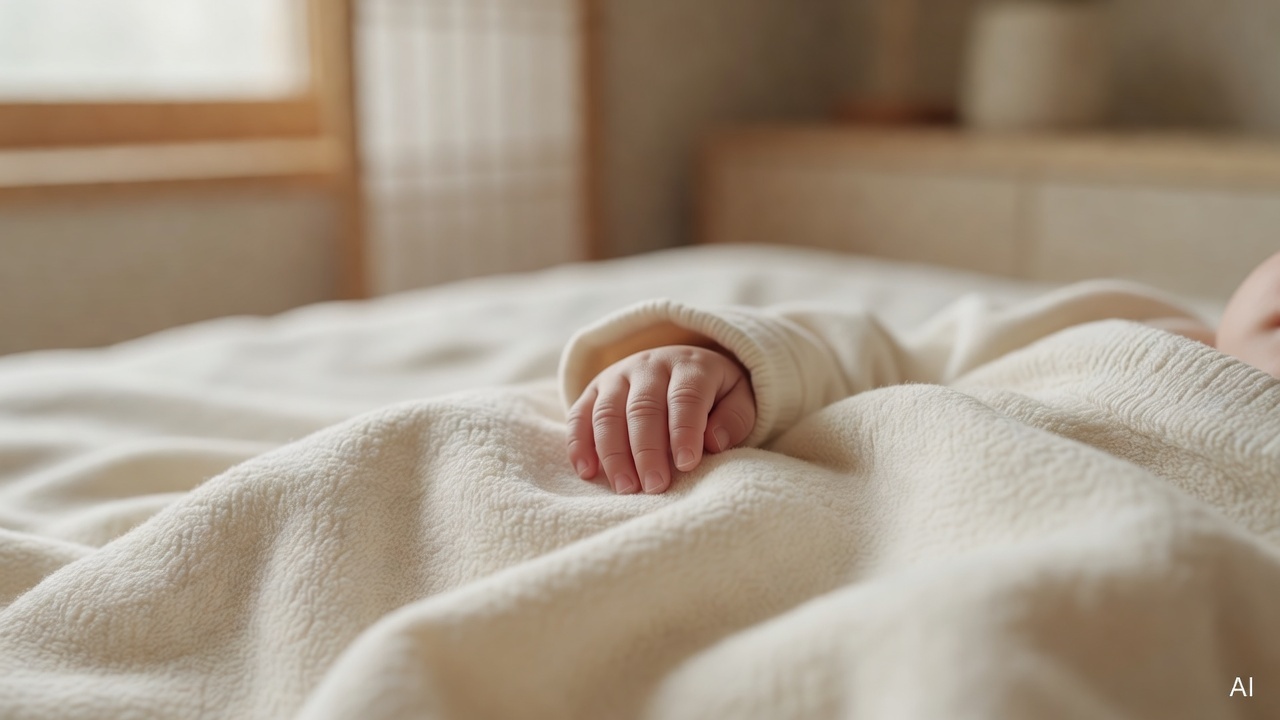 close-up of a small baby hand resting on a soft blanket