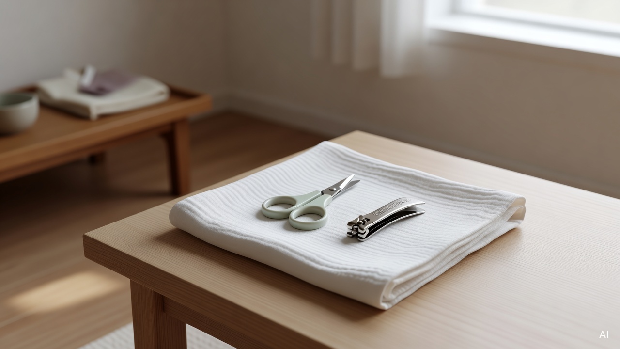 baby nail scissors and clippers placed on a soft white cloth on a wooden surface