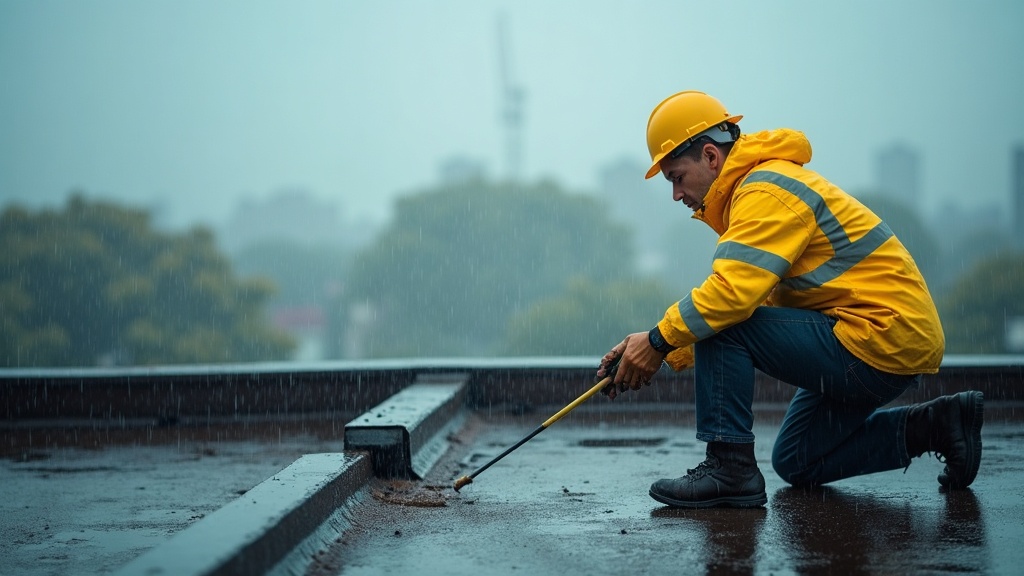 Trabajador de construcción con chaqueta impermeable transpirable en obra bajo la lluvia