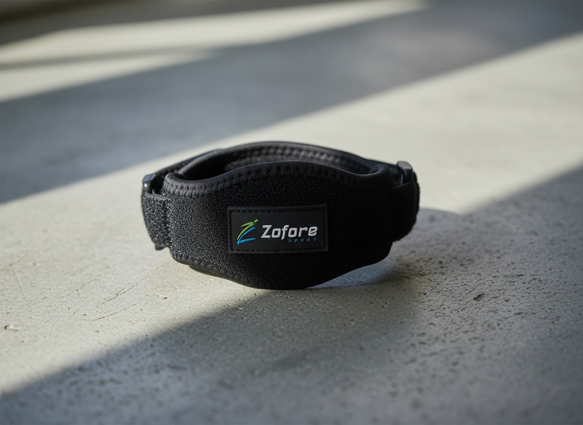 Macro close-up of tennis elbow brace showing compression pad detail on concrete surface