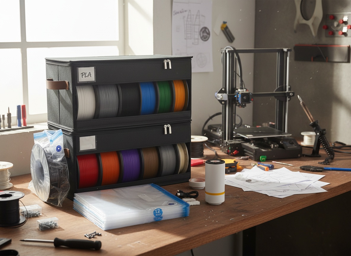 Filament storage boxes and pump set on a cluttered maker's workbench with 3D printer in background