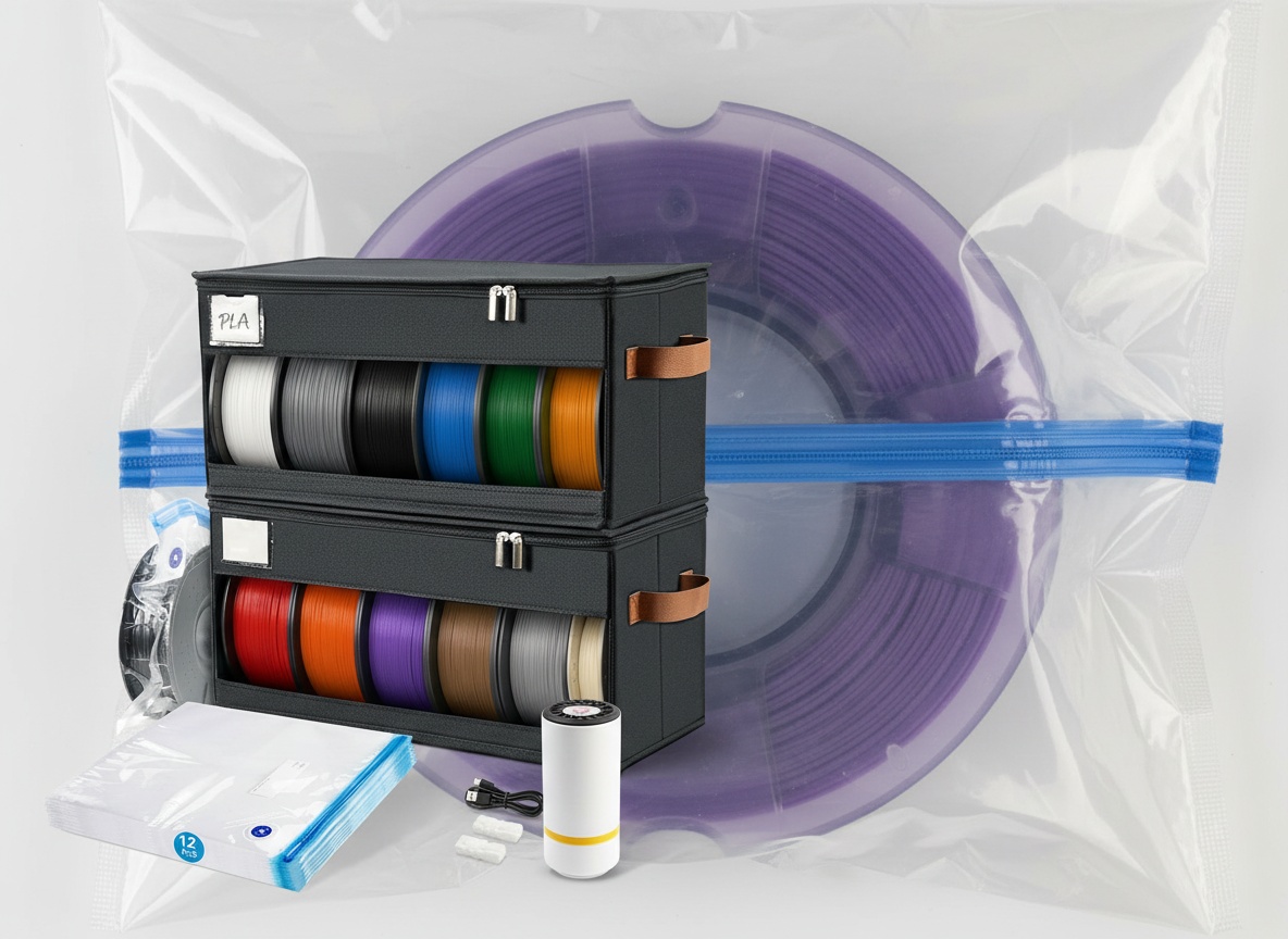 Macro close-up of a vacuum-sealed filament storage bag with a spool partially visible inside