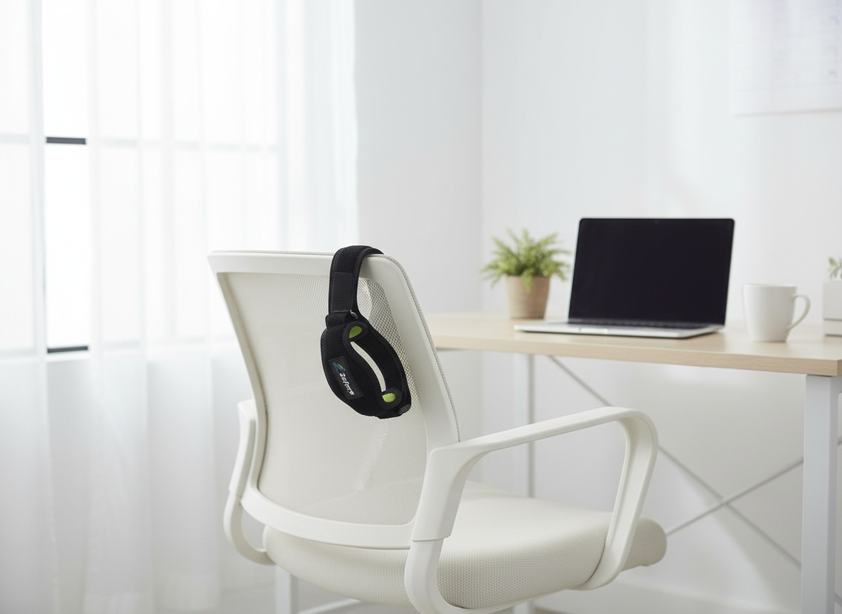 Two elbow braces resting on office chair in a bright bedroom with desk and laptop visible