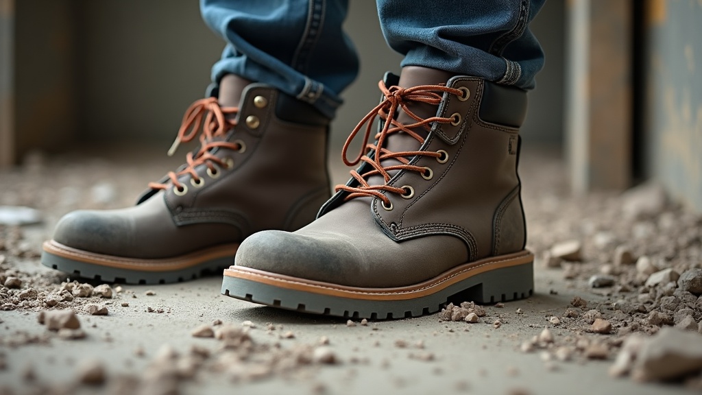 Botas con suela Michelin en obra de construcción sobre escombros
