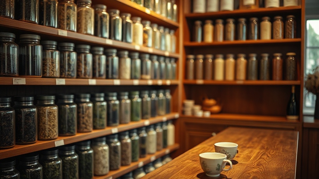 Boutique de thé en vrac avec étagères de bocaux en verre remplis de différentes variétés de thé