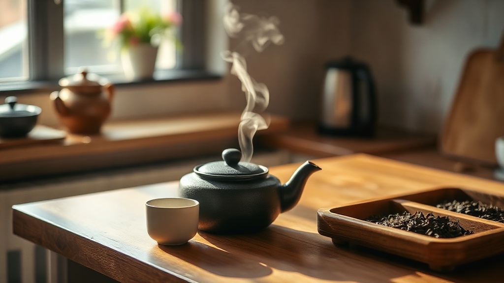Théière en fonte sur un comptoir de cuisine, vapeur s'échappant du bec verseur avec une tasse et du thé en vrac