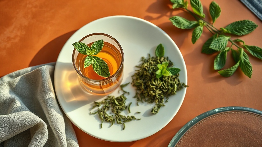 Thé à la menthe traditionnelle avec feuilles de menthe fraîche et thé vert gunpowder sur surface terracotta