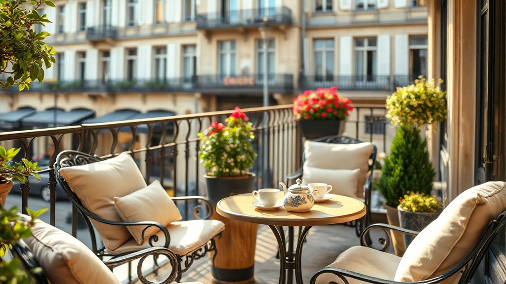 Terrasse d'un salon de thé français avec mobilier en fer forgé et service à thé posé sur une table ronde