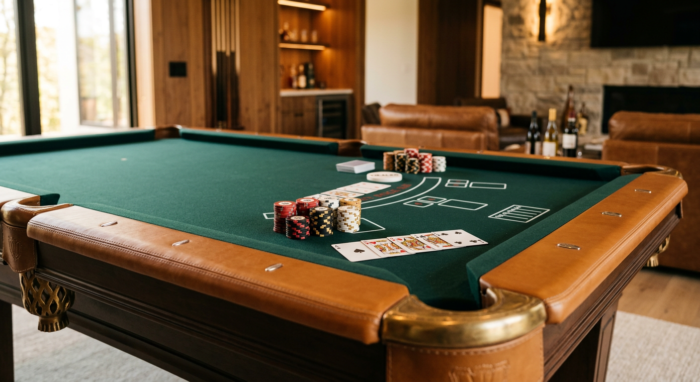 Photorealistic close-up of a rectangular six-pocket luxury pool table in a modern estate game room, showing a thin dark gr...