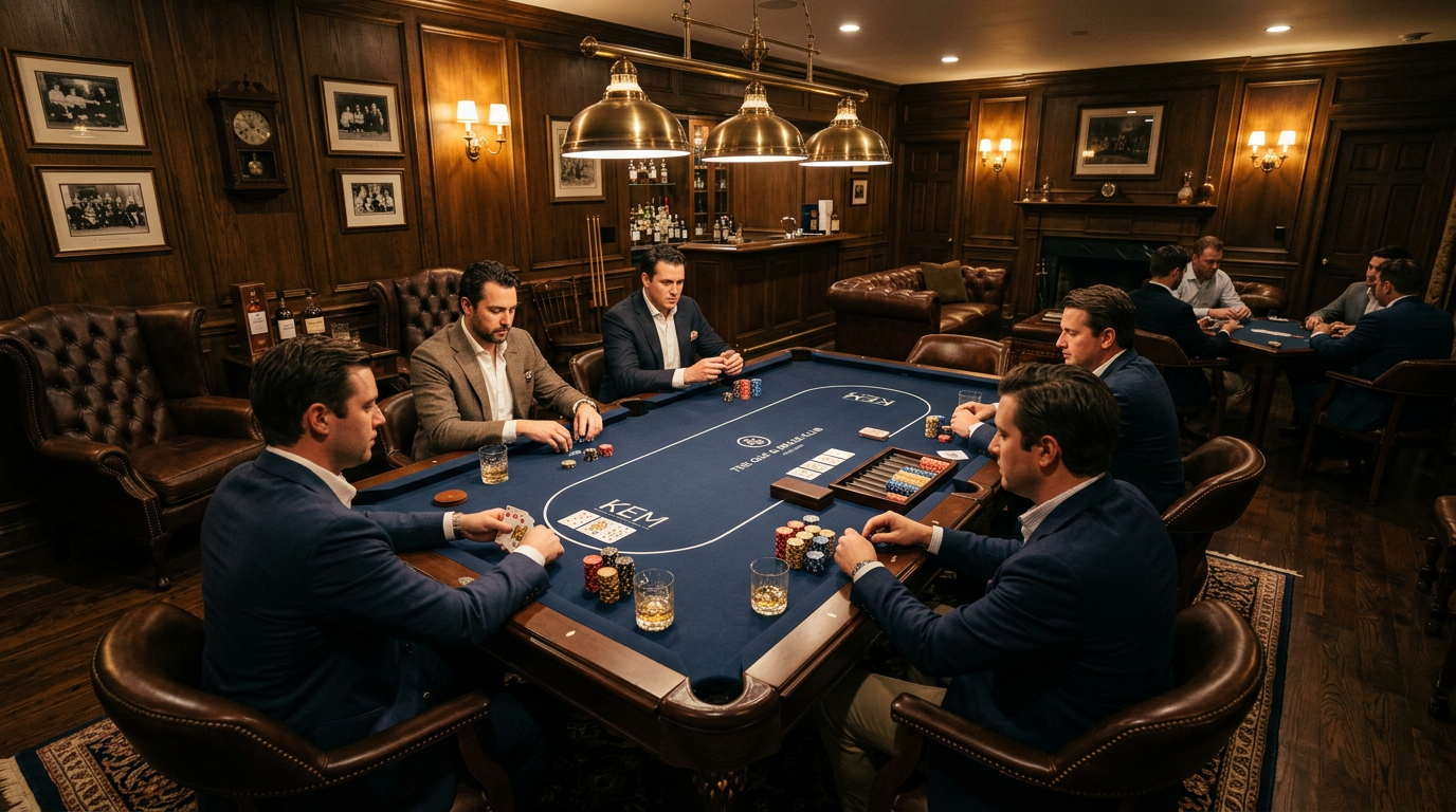 Photorealistic wide interior shot of a sophisticated private club game lounge, one rectangular six-pocket pool table conve...