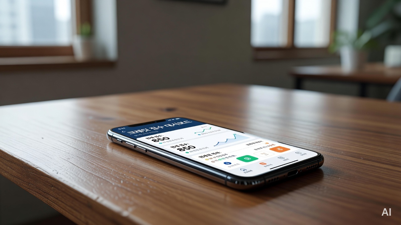smartphone screen showing credit score app dashboard on a wooden desk