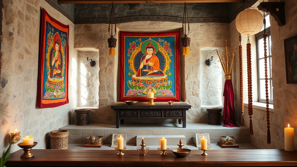 Autel tibétain avec thangkas et lampes à beurre dans un centre bouddhiste en France
