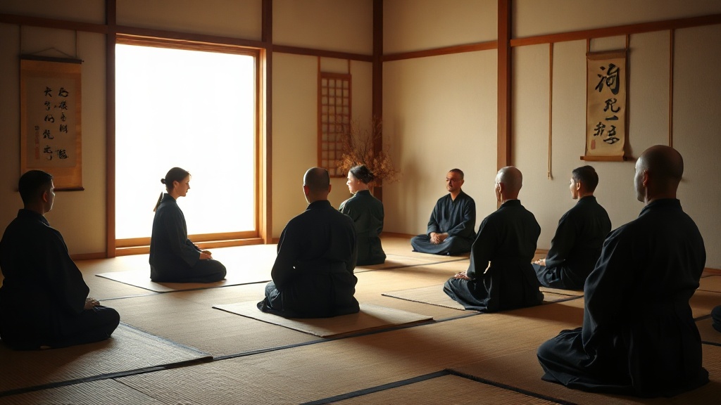 Séance de méditation zen dans un dojo français, pratiquants en zazen sur tatami