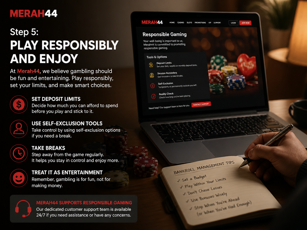 Photo-realistic image illustrating the topic of the article section "Step 5: Play Responsibly and Enjoy" (about the online casino brand "merah44"): Advise on responsible gambling: set deposit limits, use self-exclusion tools, take breaks, treat gambling as entertainment. Also mention that Merah44 supports responsible gaming and provides customer support. Include tips for bankroll management.