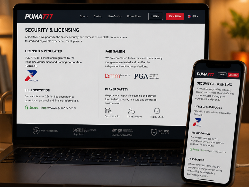 Photo-realistic image illustrating the topic of the article section "Security and Licensing of puma777" (about the online casino brand "puma777"): Verify licensing authority (e.g., PAGCOR, Curacao). Discuss SSL encryption, data protection, and fair gaming certifications. Address player safety and responsible gambling tools.